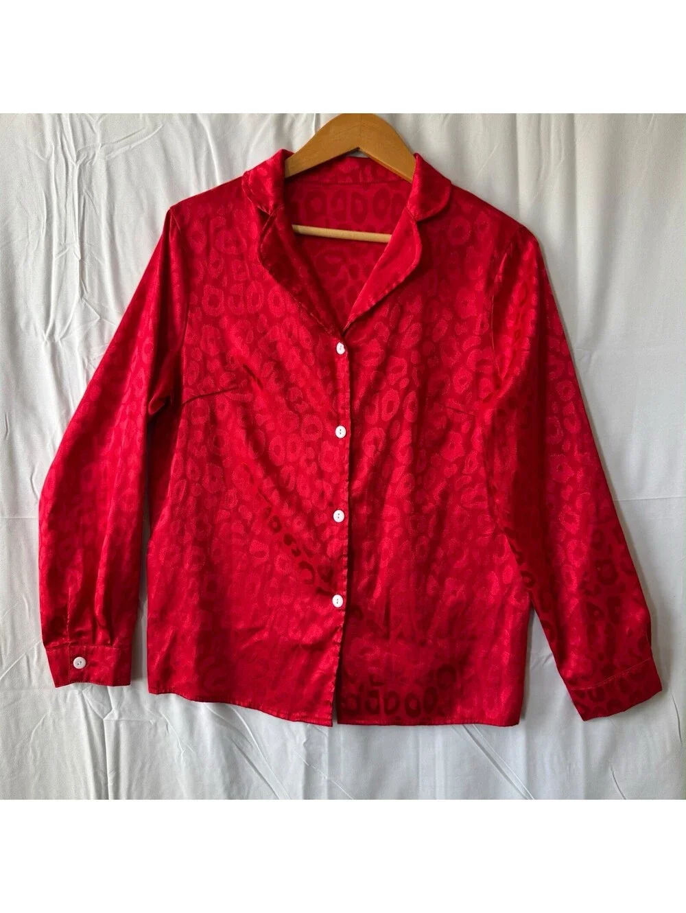 Pajama Top M Red Leopard Jacquard Satin Button Up Blouse Shirt